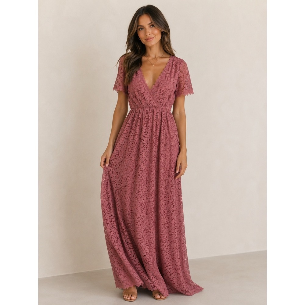 Baltic Born Marsala Lace Maxi Dress Dusty Rose V-Neck Short Sleeve Gown Medium